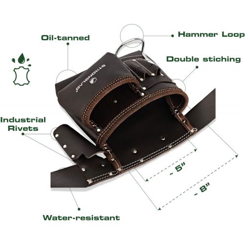  STRONGLAD 5-Pocket Single Side Brown Oil Tanned Leather Tool Belt Pouch Work/Apron for Carpenter and Builders. Toolbelt for Construction.