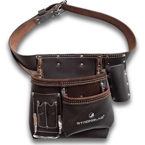  STRONGLAD 5-Pocket Single Side Brown Oil Tanned Leather Tool Belt Pouch Work/Apron for Carpenter and Builders. Toolbelt for Construction.