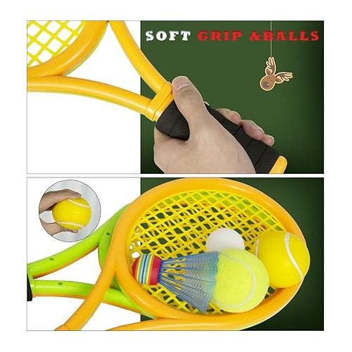  Kids Tennis Rackets with Carrying Bag,Soft Training Balls and Badminton Birdies,12 in 1 Tennis Racquets Gift Set for Children Outdoor Indoor Sports