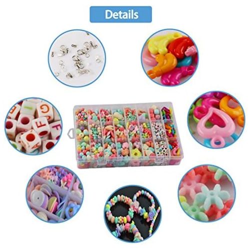  [아마존베스트]DIY Beads Set with 4 Packs String, 24 Different Types and Shapes Colorful Acrylic Beads in a Box for Children Necklace and Bracelet Crafts by STSTECH,Gift Kit for Kids