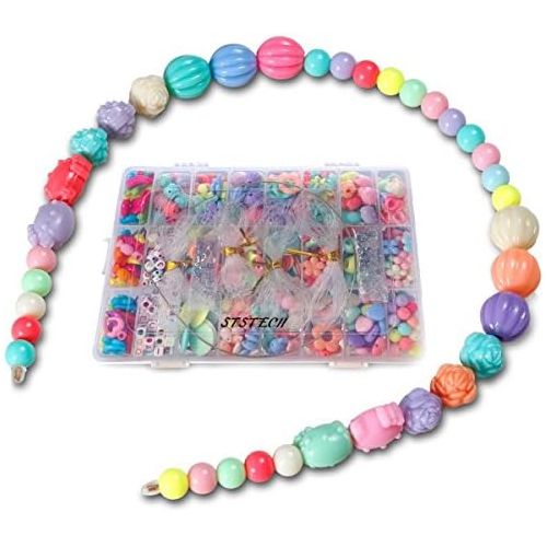  [아마존베스트]DIY Beads Set with 4 Packs String, 24 Different Types and Shapes Colorful Acrylic Beads in a Box for Children Necklace and Bracelet Crafts by STSTECH,Gift Kit for Kids