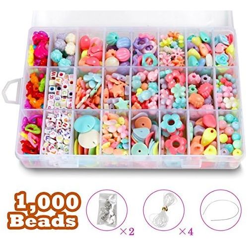  [아마존베스트]DIY Beads Set with 4 Packs String, 24 Different Types and Shapes Colorful Acrylic Beads in a Box for Children Necklace and Bracelet Crafts by STSTECH,Gift Kit for Kids