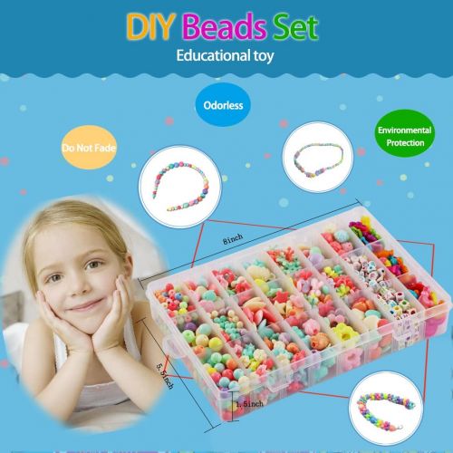  [아마존베스트]DIY Beads Set with 4 Packs String, 24 Different Types and Shapes Colorful Acrylic Beads in a Box for Children Necklace and Bracelet Crafts by STSTECH,Gift Kit for Kids