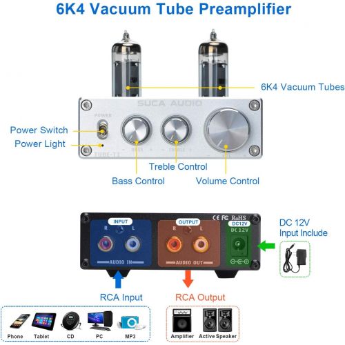  [아마존베스트]SUCA-AUDIO Tube-T1 Preamplifier, Vacuum Tube Amplifier Buffer Mini Hi-Fi Stereo Preamp with Treble & Bass Tone Control for Home Audio Player (6K4 Tubes)
