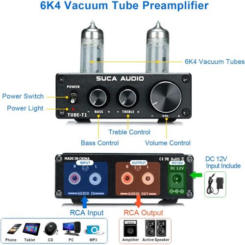  [아마존베스트]SUCA-AUDIO Tube-T1 Preamplifier, Vacuum Tube Amplifier Buffer Mini Hi-Fi Stereo Preamp with Treble & Bass Tone Control for Home Audio Player (6K4 Tubes)