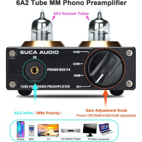  SUCA-AUDIO Phono Preamp for Turntable MM Phonograph Vacuum Tube Preamplifier with Gain Gear Mini Hi-Fi Stereo for Home Audio with DC 12V Power Supply