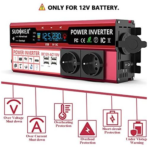  [아마존베스트]-Service-Informationen SUDOKEJI Power Inverter 1000 W DC 12 V 230 V AC Voltage Converter with LED Display Dual AC Outlet & 4 x USB Car Charger & Includes 12 V Car Cigarette Lighter Plug