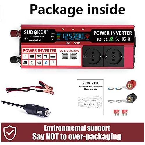  [아마존베스트]-Service-Informationen SUDOKEJI Power Inverter 1000 W DC 12 V 230 V AC Voltage Converter with LED Display Dual AC Outlet & 4 x USB Car Charger & Includes 12 V Car Cigarette Lighter Plug