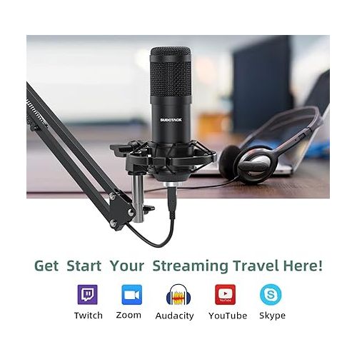  Sudotack USB Streaming Podcast PC Microphone, 192KHz/24Bit Studio Cardioid Condenser Mic Kit with Sound Card, Boom Arm, Shock Mount, Pop Filter, for Skype, YouTuber, Karaoke, Gaming, Recording