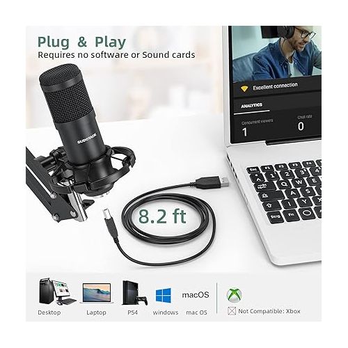  Sudotack USB Streaming Podcast PC Microphone, 192KHz/24Bit Studio Cardioid Condenser Mic Kit with Sound Card, Boom Arm, Shock Mount, Pop Filter, for Skype, YouTuber, Karaoke, Gaming, Recording