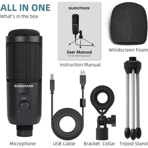  [아마존베스트]SUDOTACK USB Podcast PC Microphone, Condenser Computer Micro Kit, Plug & Play with Gain Control for Live Streaming, Games, Recording, YouTube, Zoom, Compatible with Laptop Desktop