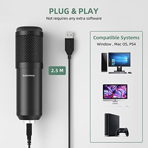  [아마존베스트]USB Mikrofon, SUDOTACK professionelles podcast mikrofon 192KHZ / 24Bit Studio Cardioid-Kondensatormikrofon-Kit mit Soundkarte Stander Shock Mount Pop-Filter fuer Skype, Rundfunk, Yo