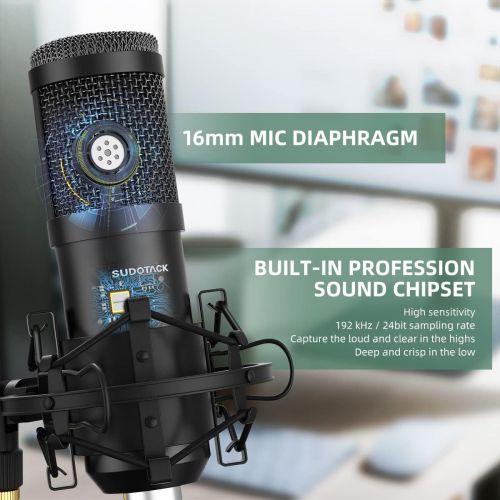  [아마존베스트]USB Mikrofon, SUDOTACK professionelles podcast mikrofon 192KHZ / 24Bit Studio Cardioid-Kondensatormikrofon-Kit mit Soundkarte Stander Shock Mount Pop-Filter fuer Skype, Rundfunk, Yo