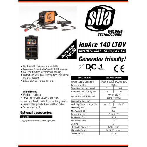  SUEA ionArc 140 LTDV StickLift TIG Inverter IGBT Welding Machine - 110220 Volts
