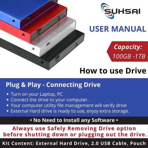  Suhsai Portable External Hard Drive, USB 2.0, 2.5 Slim External Hard Drive Plug and Play Hardrive for Storage, Backup for Computer, MAC, Desktop, Laptop, MacBook, Chromebeook (120 GB, Bla