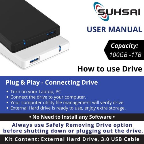  Suhsai External Hard Drive HDD 2.5 USB 3.0 Ultra Fast Slim Drive, Portable Hard Drive for Storage, Back up for PC, MAC, Desktop, Laptop, MacBook, Chromebook, Xbox, PS3, PS4, Smart