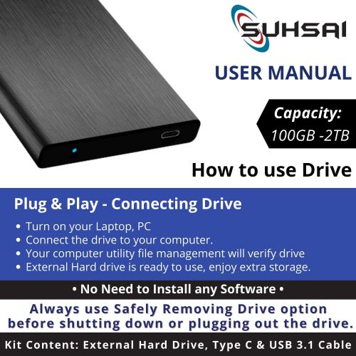  SUHSAI External Hard Drives 3.1 USB, Type-C Portable Hard Drive Upto 10gbps Data Transfer Speed, Ultra Slim Portable HDD Back-up Storage for MAC, PC, Laptop, Chromebook, Gaming Expansion