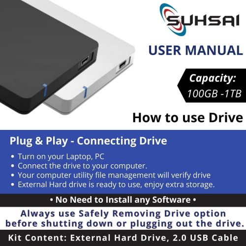  SUHSAI Portable External Hard Drive, Suitable for Storage Data Backup, Multimedia, USB 2.0 External Hard Drive for PC, Laptop, Mac, Chromebook, Notebook, Smart TV (500GB, Black)