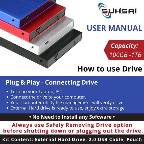  Suhsai Portable External Hard Drive, 2.0 USB External HDD Compatible for Computer, Laptop, PC, Smart TV, Mac (Black, 100GB)