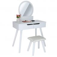 Dressing Table Vanity Set with Round Mirror SUJING Makeup Table Set Large Sliding Drawers Makeup Dressing Table with Stool (White)