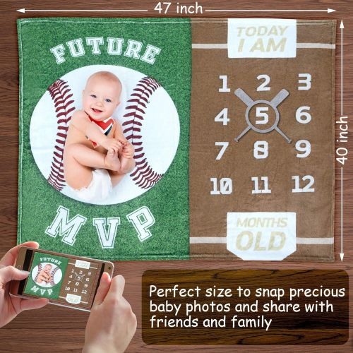  Sukoon Monthly Milestone Blanket for Baby Boy / Girl Baseball Theme Includes Frame and Bib Large 47x40 Personalized Baby Month Blanket for Newborn Baby Shower