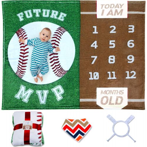  Sukoon Monthly Milestone Blanket for Baby Boy / Girl Baseball Theme Includes Frame and Bib Large 47x40 Personalized Baby Month Blanket for Newborn Baby Shower