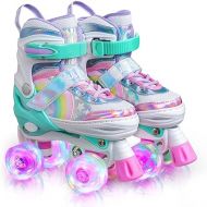 SULIFEEL Rainbow Unicorn 4 Size Adjustable Light up Roller Skates for Girls Boys for Kids