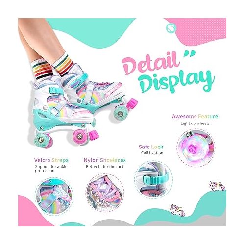  SULIFEEL Rainbow Unicorn 4 Size Adjustable Light up Roller Skates for Girls Boys for Kids