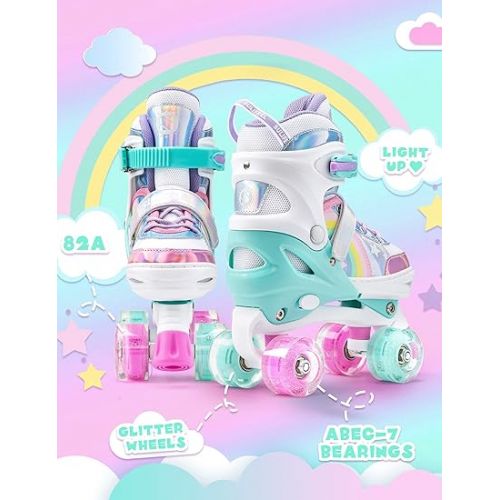  SULIFEEL Rainbow Unicorn 4 Size Adjustable Light up Roller Skates for Girls Boys for Kids