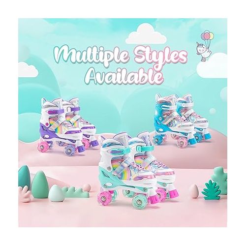  SULIFEEL Rainbow Unicorn 4 Size Adjustable Light up Roller Skates for Girls Boys for Kids