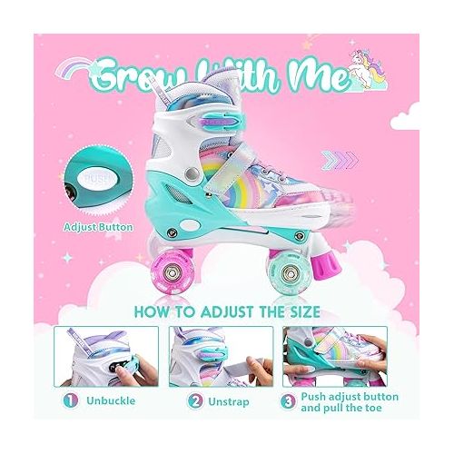  SULIFEEL Rainbow Unicorn 4 Size Adjustable Light up Roller Skates for Girls Boys for Kids