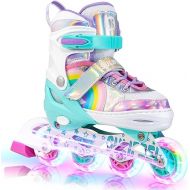 SULIFEEL Rainbow Unicorn Inline Skates for Girls Boys 4 Size Adjustable Light up Wheels Skates for Kids Beginner