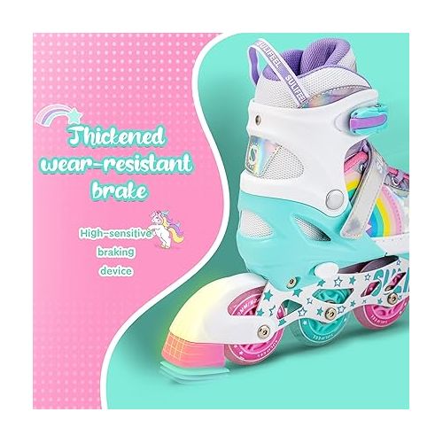  SULIFEEL Rainbow Unicorn Inline Skates for Girls Boys 4 Size Adjustable Light up Wheels Skates for Kids Beginner