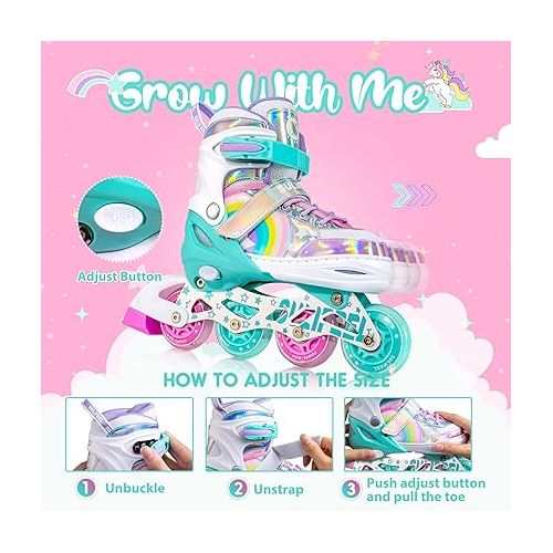  SULIFEEL Rainbow Unicorn Inline Skates for Girls Boys 4 Size Adjustable Light up Wheels Skates for Kids Beginner