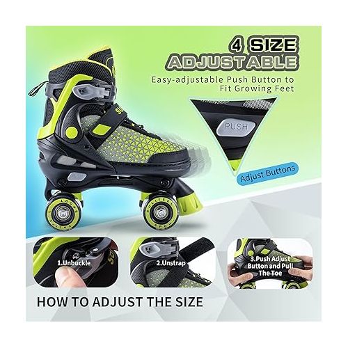  SULIFEEL Roller Skates for Girls Boys Kids,4 Sizes Adjustable Quad Skates with Light up Wheels,Safe Fun Children Skates, Best Gift for Beginners Indoor Outdoor Sports