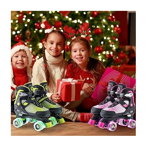  SULIFEEL Roller Skates for Girls Boys Kids,4 Sizes Adjustable Quad Skates with Light up Wheels,Safe Fun Children Skates, Best Gift for Beginners Indoor Outdoor Sports