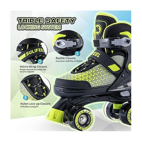  SULIFEEL Roller Skates for Girls Boys Kids,4 Sizes Adjustable Quad Skates with Light up Wheels,Safe Fun Children Skates, Best Gift for Beginners Indoor Outdoor Sports