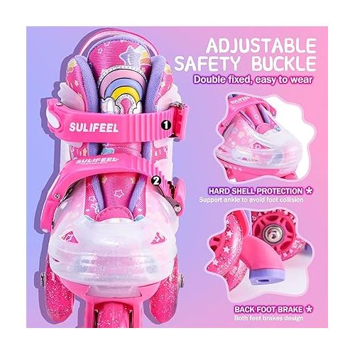  SULIFEEL Adjustable Roller Skates for Girls Boys Kids,Fun Illuminating Light Up Flash Wheels Three-Point Type Balance Suitable for Beginners Indoor Roller Skating