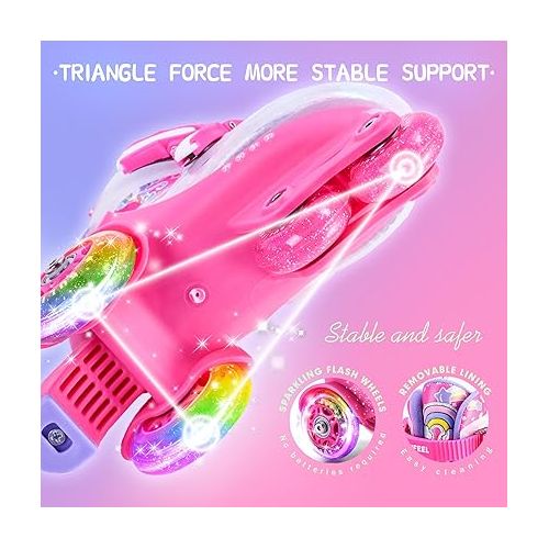  SULIFEEL Adjustable Roller Skates for Girls Boys Kids,Fun Illuminating Light Up Flash Wheels Three-Point Type Balance Suitable for Beginners Indoor Roller Skating