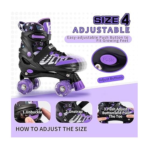  SULIFEEL Letter Adjustable 4 Size Kids Roller Skates for Girls and Boys, Beginner Skates All 8 Light up Wheels Sports for Indoor Outdoor