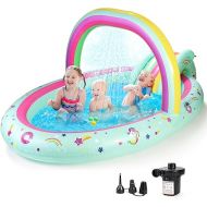 SULIFEEL Rainbow Unicorn Inflatable Play Center Kiddie Pool with Slide and Sprinkler for Children, 8ft x 5ft x 9.5in Baby Pool for Backyard and Garden, Free Inflatable Pump