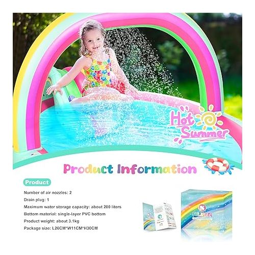  SULIFEEL Rainbow Unicorn Inflatable Play Center Kiddie Pool with Slide and Sprinkler for Children, 8ft x 5ft x 9.5in Baby Pool for Backyard and Garden, Free Inflatable Pump