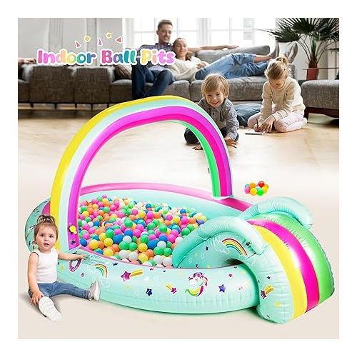  SULIFEEL Rainbow Unicorn Inflatable Play Center Kiddie Pool with Slide and Sprinkler for Children, 8ft x 5ft x 9.5in Baby Pool for Backyard and Garden, Free Inflatable Pump