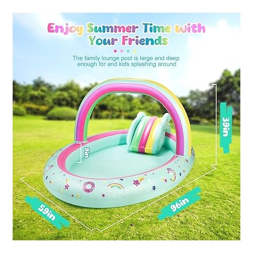  SULIFEEL Rainbow Unicorn Inflatable Play Center Kiddie Pool with Slide and Sprinkler for Children, 8ft x 5ft x 9.5in Baby Pool for Backyard and Garden, Free Inflatable Pump
