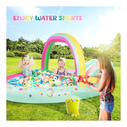  SULIFEEL Rainbow Unicorn Inflatable Play Center Kiddie Pool with Slide and Sprinkler for Children, 8ft x 5ft x 9.5in Baby Pool for Backyard and Garden, Free Inflatable Pump