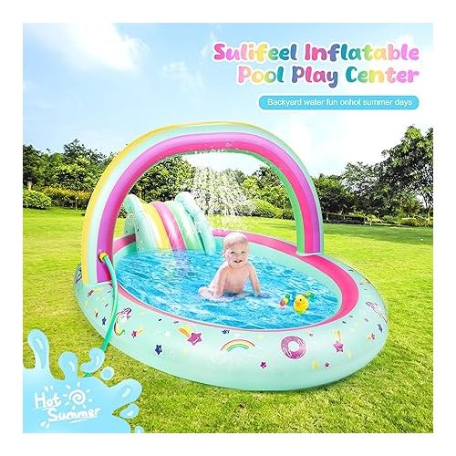  SULIFEEL Rainbow Unicorn Inflatable Play Center Kiddie Pool with Slide and Sprinkler for Children, 8ft x 5ft x 9.5in Baby Pool for Backyard and Garden, Free Inflatable Pump