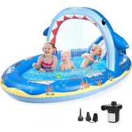 SULIFEEL Shark Inflatable Play Center Kiddie Pool with Slide and Sprinkler for Children, 8ft x 5ft x 9.5in Baby Pool for Backyard and Garden, Free Inflatable Pump