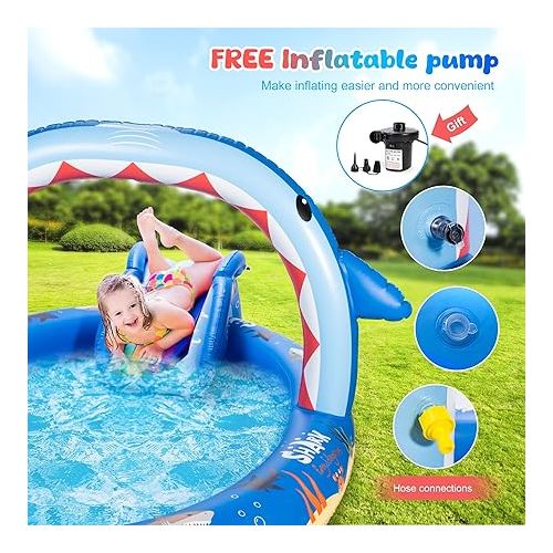  SULIFEEL Shark Inflatable Play Center Kiddie Pool with Slide and Sprinkler for Children, 8ft x 5ft x 9.5in Baby Pool for Backyard and Garden, Free Inflatable Pump