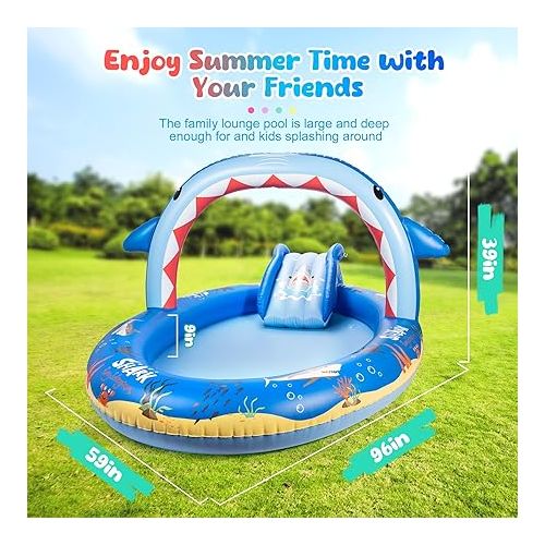  SULIFEEL Shark Inflatable Play Center Kiddie Pool with Slide and Sprinkler for Children, 8ft x 5ft x 9.5in Baby Pool for Backyard and Garden, Free Inflatable Pump