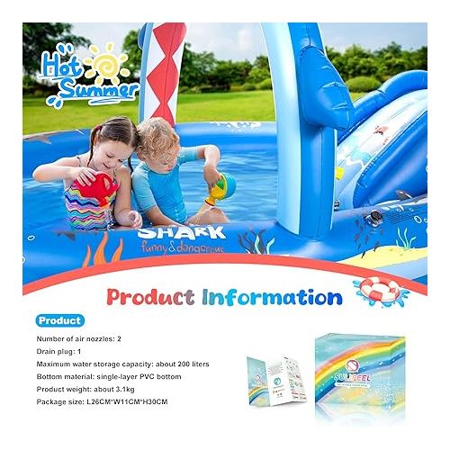  SULIFEEL Shark Inflatable Play Center Kiddie Pool with Slide and Sprinkler for Children, 8ft x 5ft x 9.5in Baby Pool for Backyard and Garden, Free Inflatable Pump